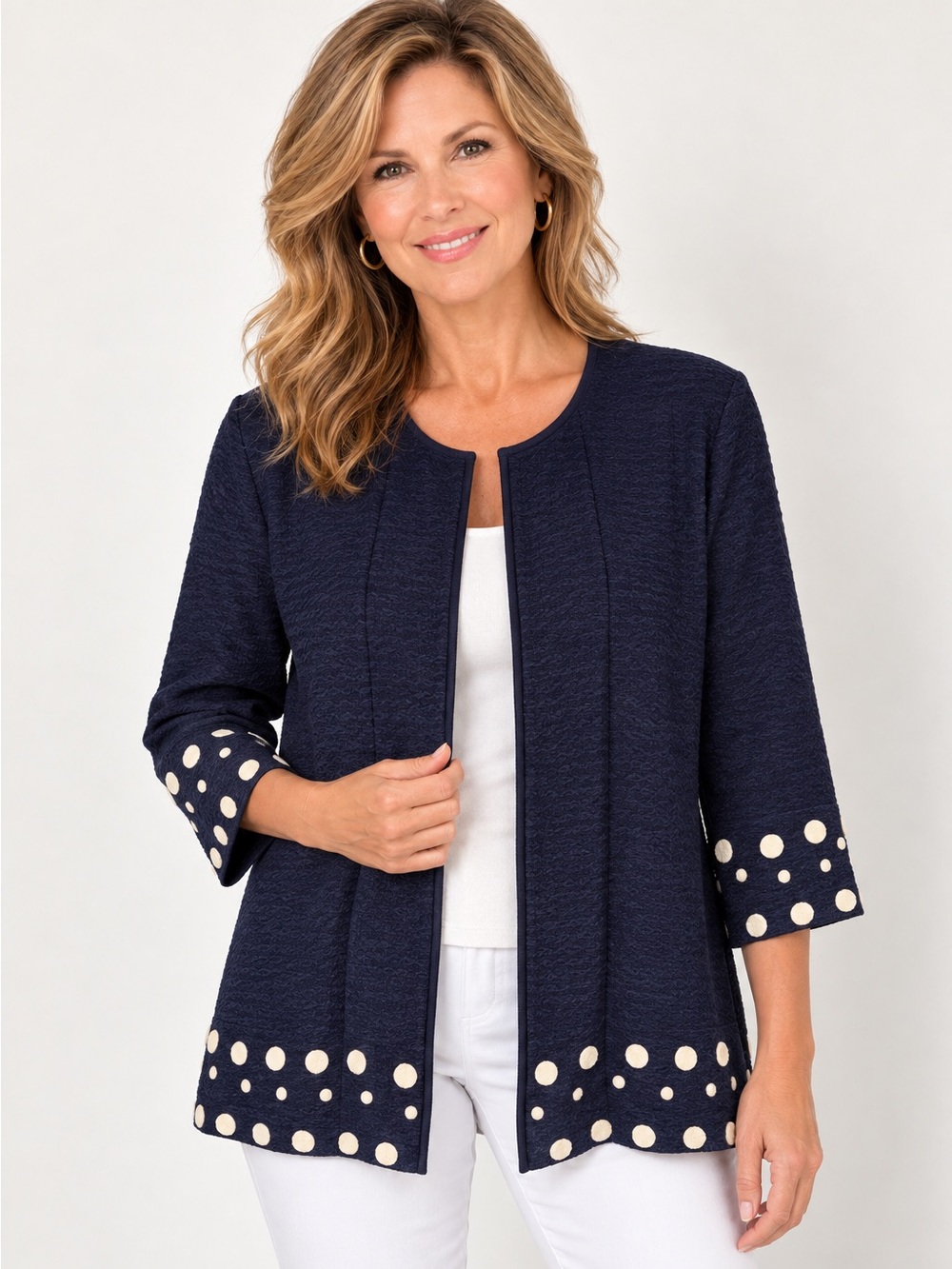 Ming Wang Navy Textured Open Cardigan with Ivory Dot Trim XL